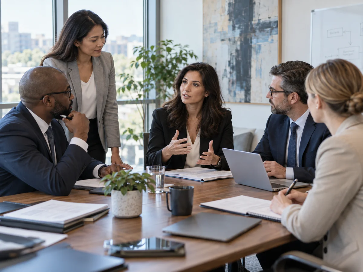 A professional team collaborating during a client-support meeting