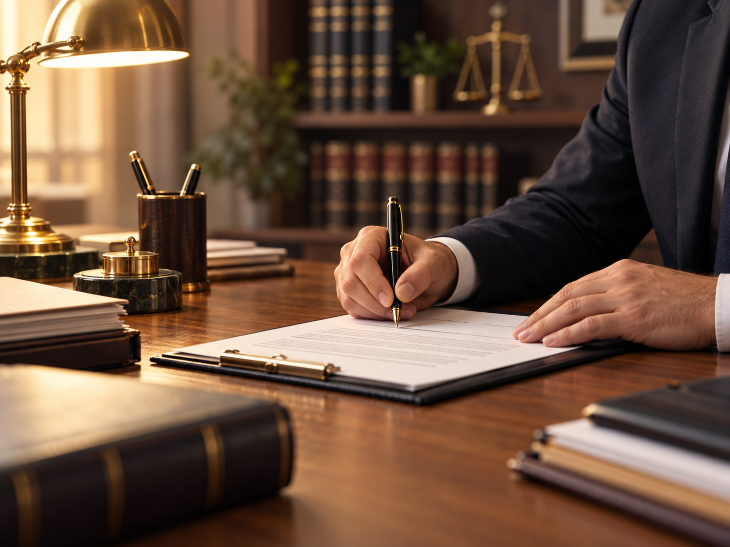 Legal professional reviewing and signing compensation paperwork