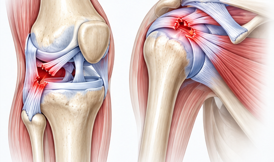 Medical illustration of knee and shoulder soft tissue injuries